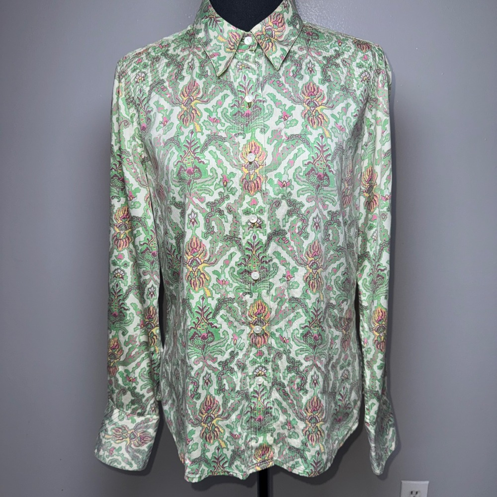 Robert Graham Womens Green Pink Paisley Damask Cotton Button Down Shirt Size 12